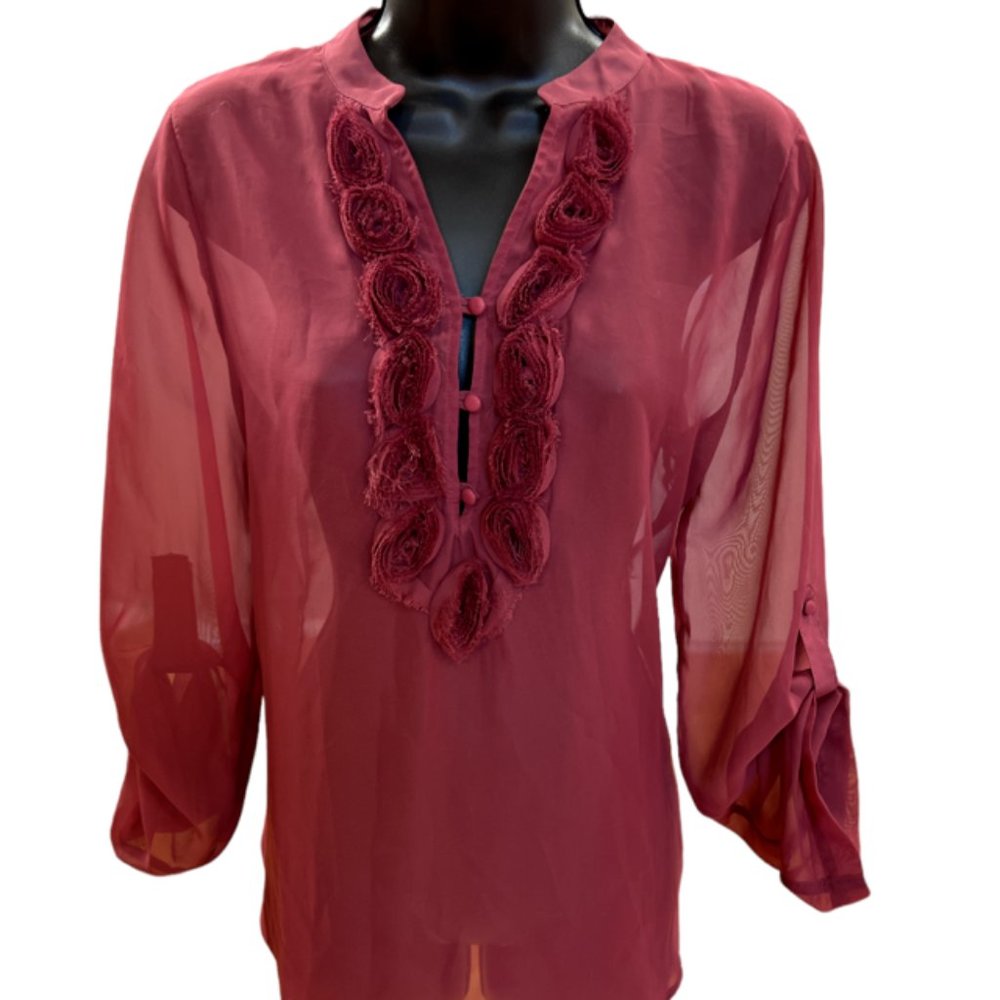LC Lauren Conrad Sheer 3 Button Rust Rosette Tab Sleeve Top Sz S